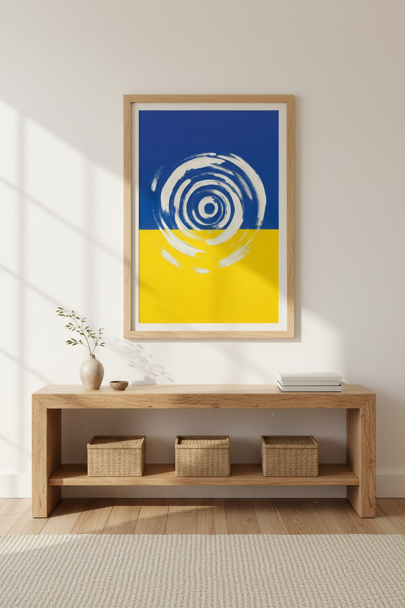 Abstract Ukraine Flag Spiral Wall Art Print | Modern Home Decor | Patriotic Aesthetic Poster, Framed Ready to Hang