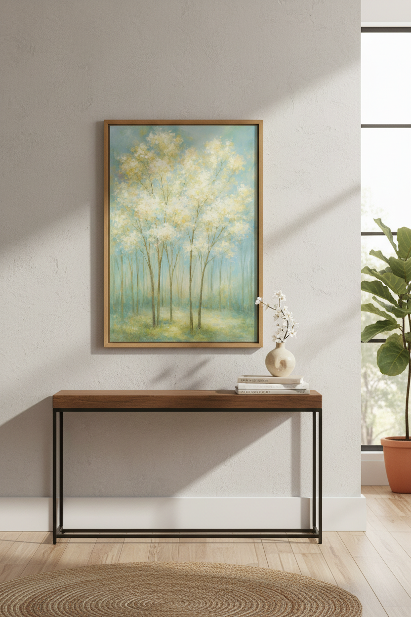 Impressionist Forest Wall Art Print | Bedroom Decor | Pastel Blue Living Room Poster | Misty Woods Landscape Canvas Art