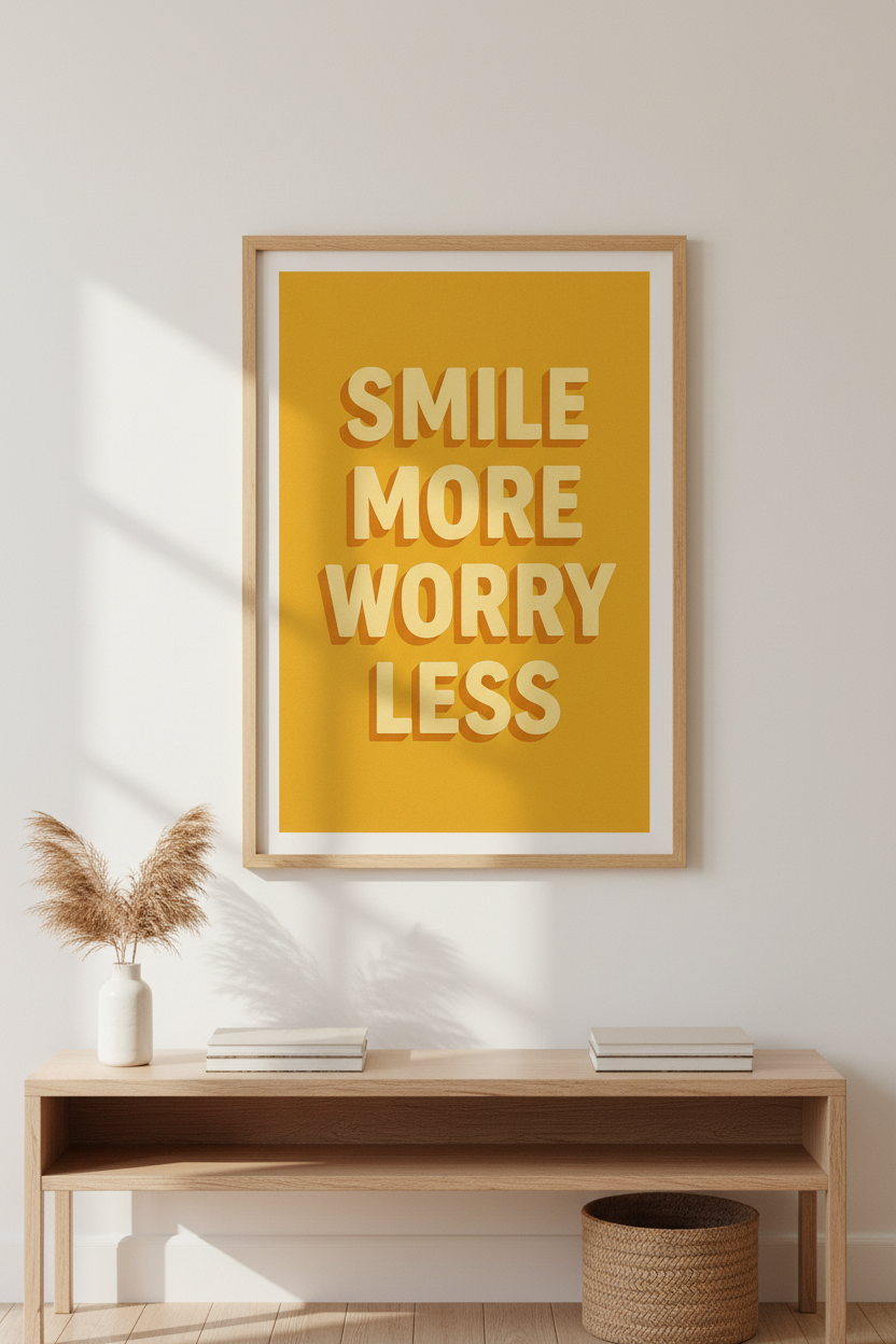Retro Quote Framed Wall Art | "Smile More Worry Less" Print | Living Room Decor | Motivational Aesthetic Poster