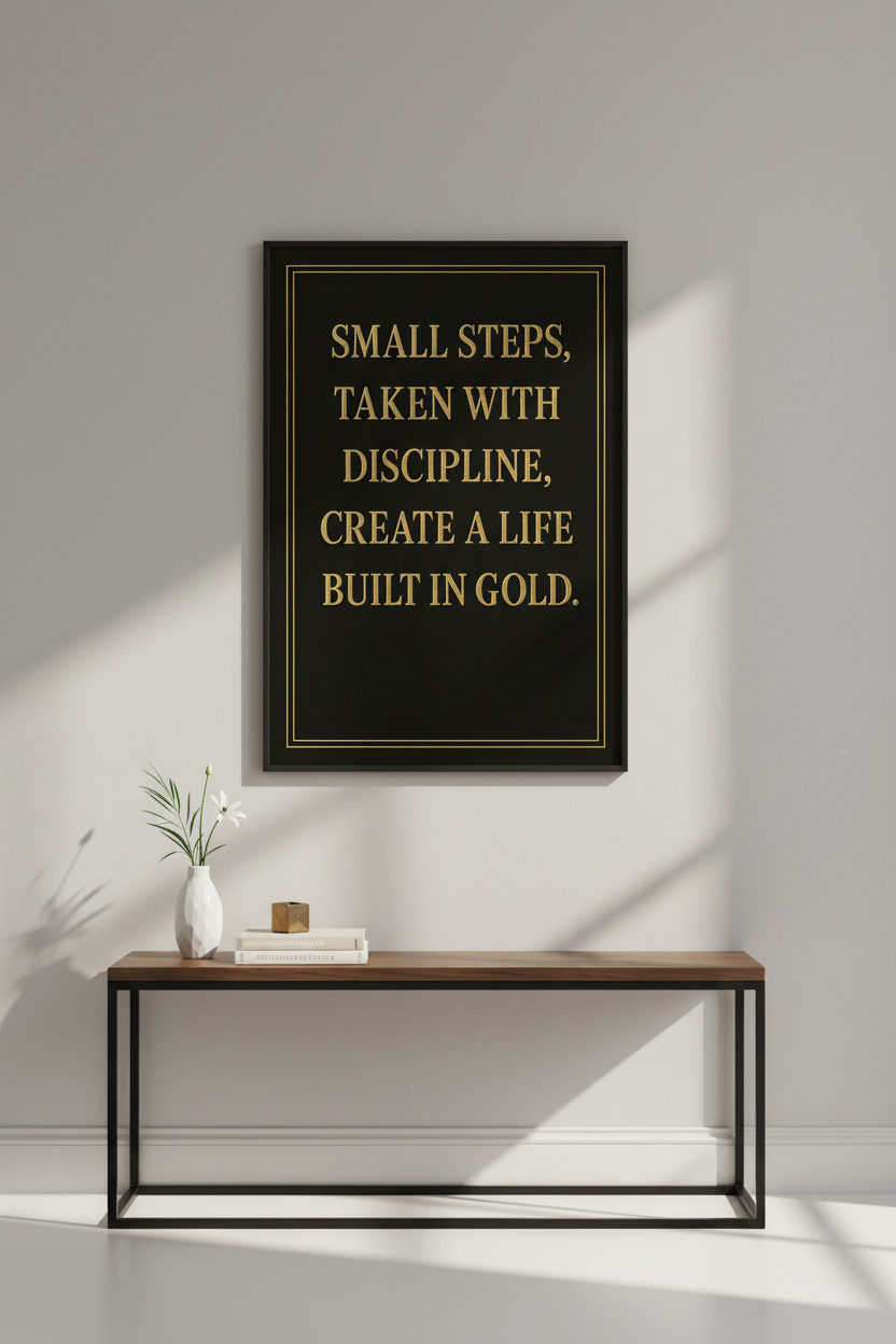 Small Steps Life Built In Gold Motivational Wall Art | Discipline Quote Poster Print | Inspirational Home Decor Wall Hanging