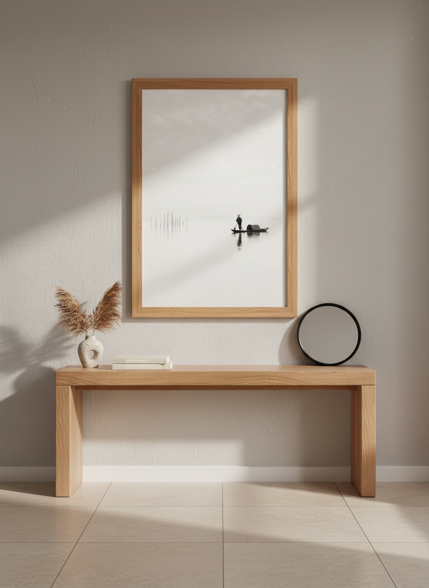 Minimalist Framed Art | Serene Asian Boatman Wall Decor | Zen Black and White Print | Calming Living Room Poster