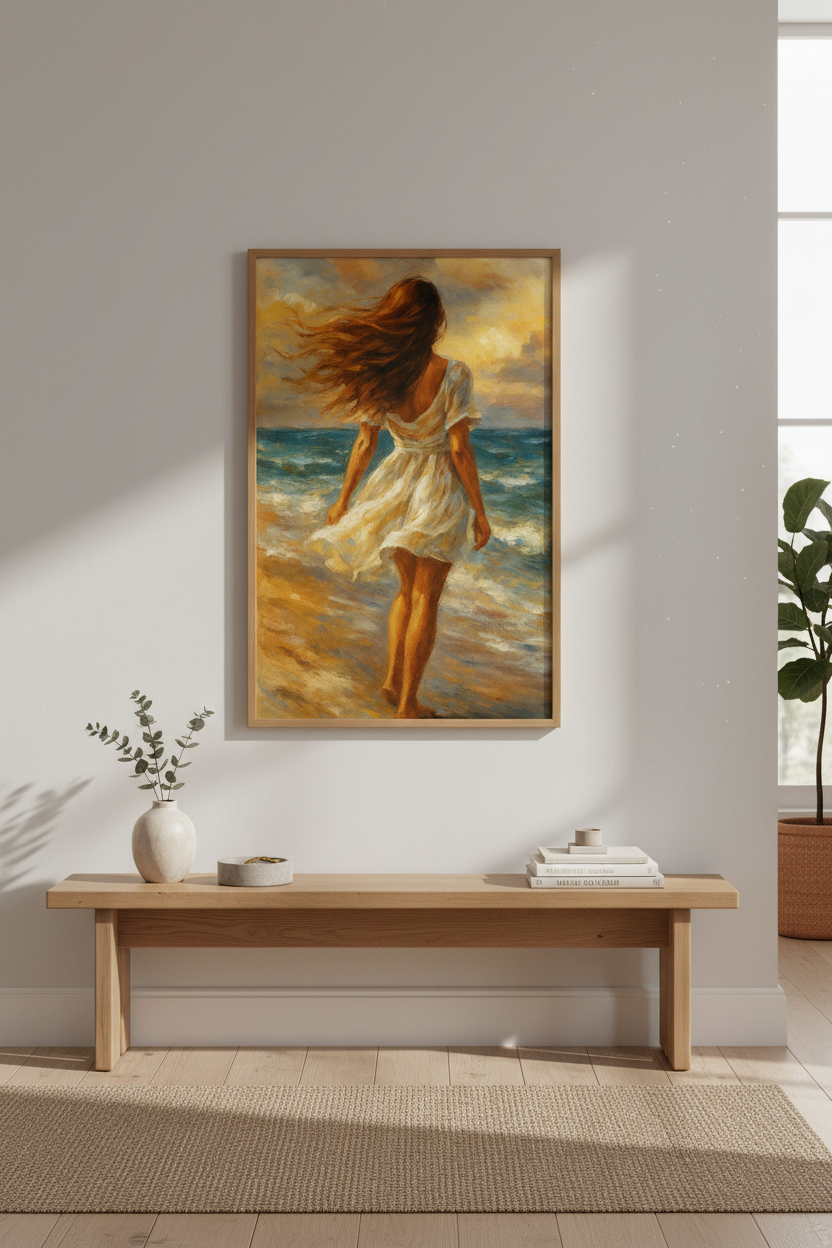 Impressionist Woman Beach Art Print | Coastal Wall Decor | Bohemian Ocean Poster | Golden Hour Beach Painting | Relaxing Home Art