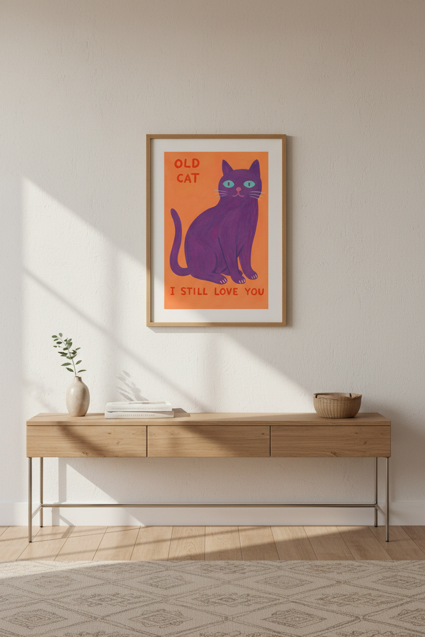 Humorous Cat Art Print | Modern Pet Lover Home Decor | Quirky Framed Wall Art Poster | Old Cat I Still Love You