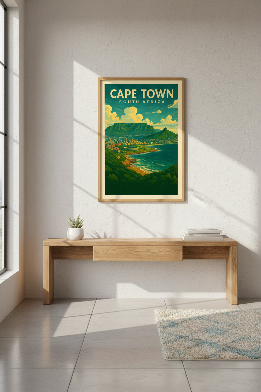 Retro Travel Poster Wall Art | Cape Town South Africa Framed Print | Mid-Century Modern Home Decor | Vibrant Coastal Art