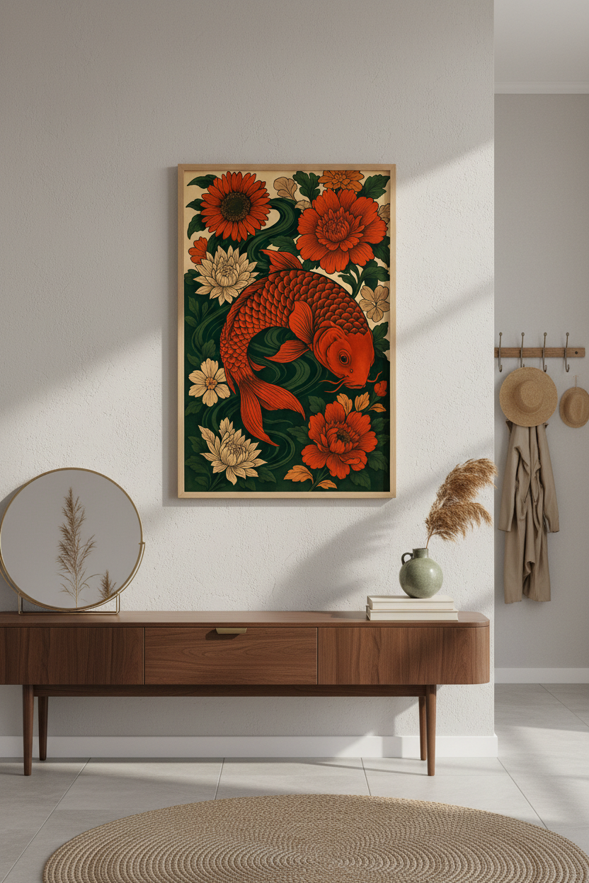 Japanese Koi Fish & Floral Framed Art Print | Asian Inspired Living Room Decor | Red & Green Aesthetic Framed Wall Art