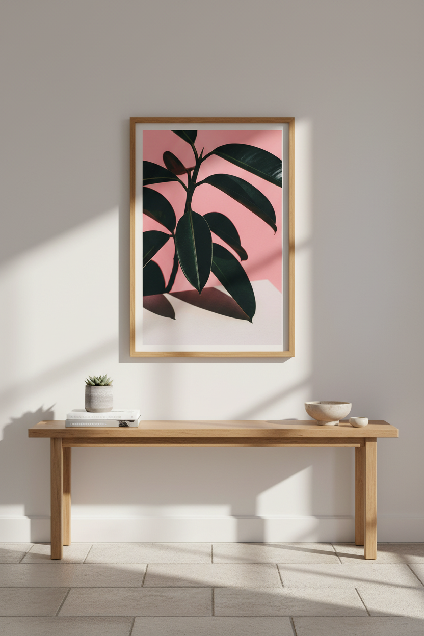 Minimalist Ficus Plant Wall Art Print | Bedroom Decor | Botanical Framed Canvas | Pink & Green Aesthetic Poster