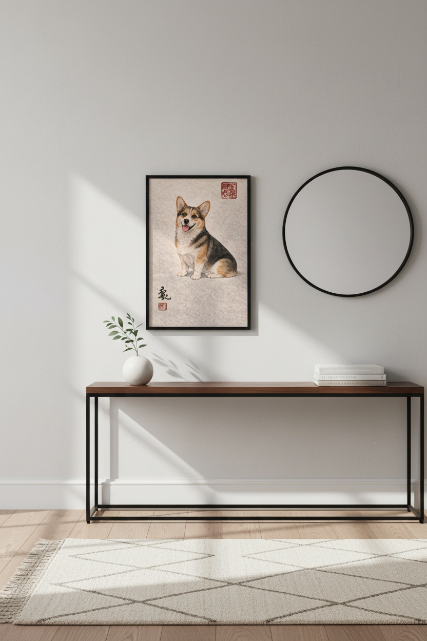 Corgi Wall Art Print, Happy Pembroke Welsh Corgi Poster, Oriental Dog Decor, Cute Puppy Home Hanging, Pet Lover Gift, Smiling Corgi Art