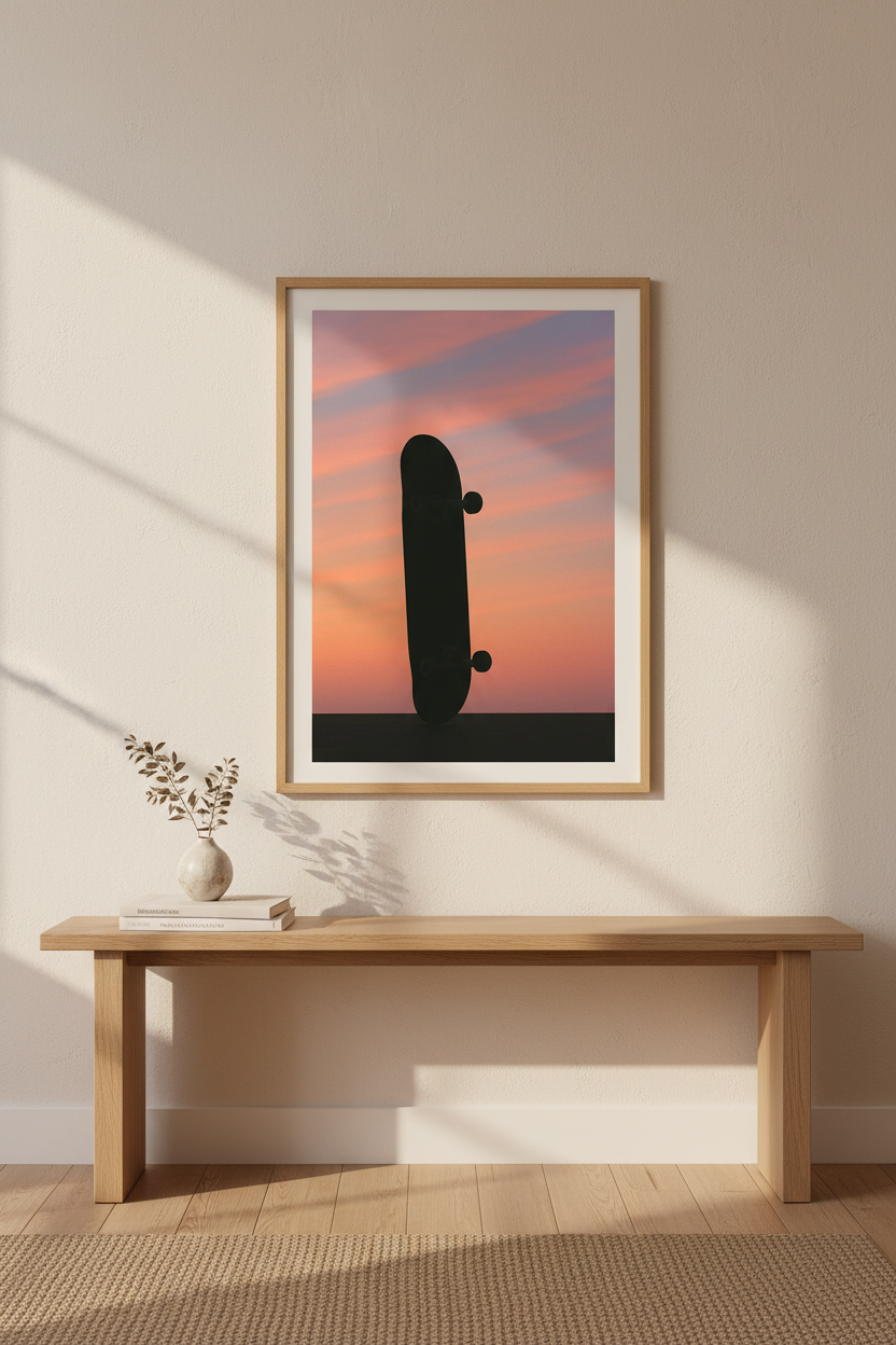 Minimalist Skateboard Wall Art Print | Teen Room Decor | Sunset Aesthetic Framed Poster | Ready To Hang Wall Art