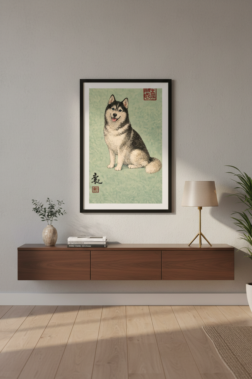 Happy Siberian Husky Wall Art Print - Japanese Ukiyo-e Style Dog Poster, Animal Art Print, Home Decor Wall Hanging