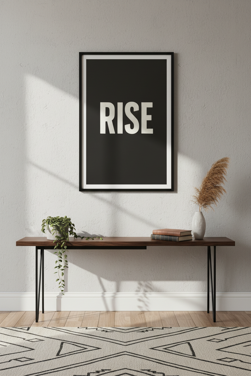 Rise Minimalist Poster Print | Black & White Inspirational Wall Art | Modern Motivational Home Decor | Typographic Quote Art Print