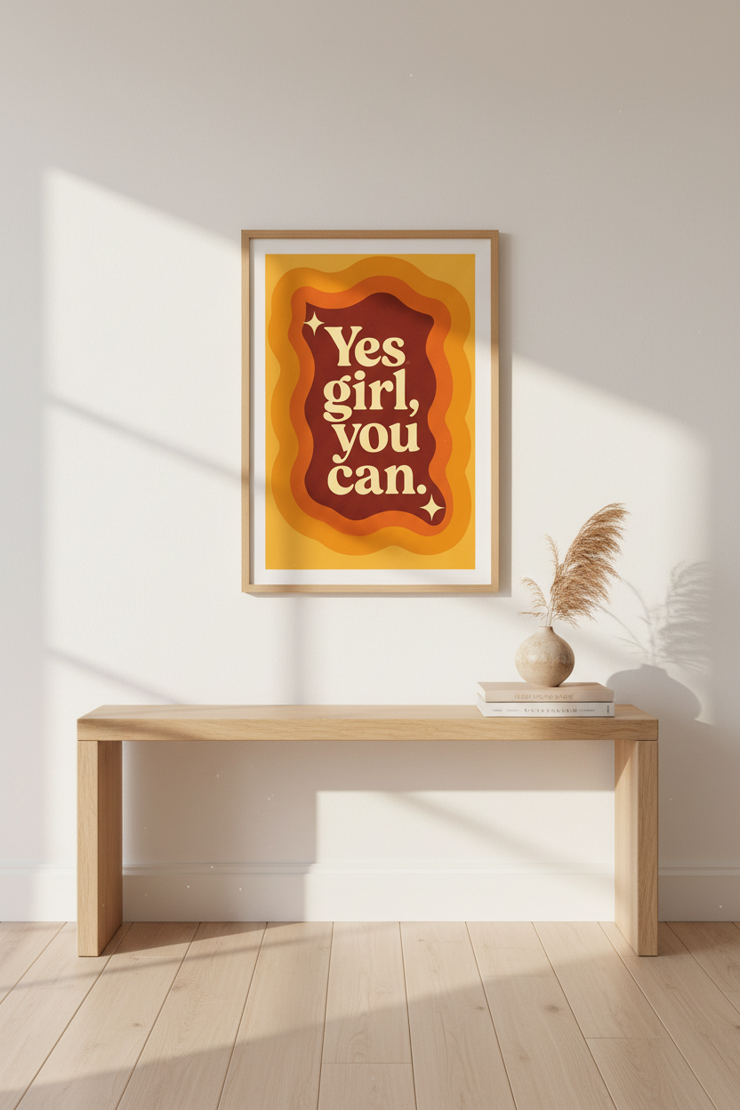 Retro Yes Girl You Can Wall Art Print | Empowering Office Decor | 70s Groovy Aesthetic Framed Poster | Motivational Art