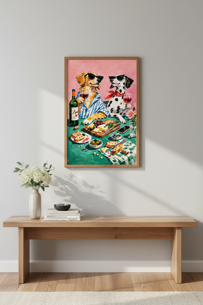 Funky Dog Wine Night Wall Art Print | Boho Kitchen Decor | Eclectic Pet Lover Poster | Framed Unframed Digital