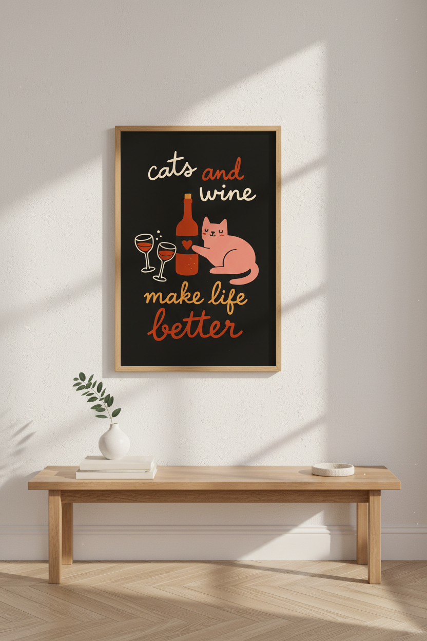 Minimalist Cat Wine Wall Art Print | Kitchen Decor | Cozy Aesthetic | Funny Cat Lover Poster | Digital Download & Framed Options