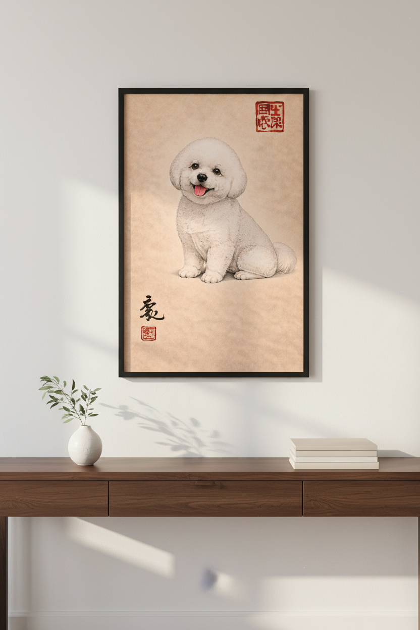 Bichon Frise Art Print | Japanese Style Dog Poster | Cute Puppy Wall Art | Pet Lover Home Decor | Eastern Ink Painting Print