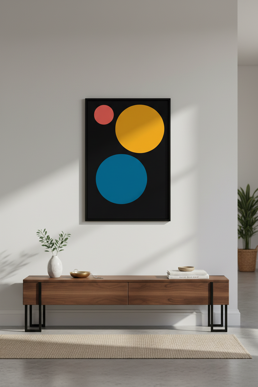 Minimalist Abstract Circles Wall Art Print | Mid Century Modern Geo Poster | Black, Yellow, Teal, Coral Home Decor
