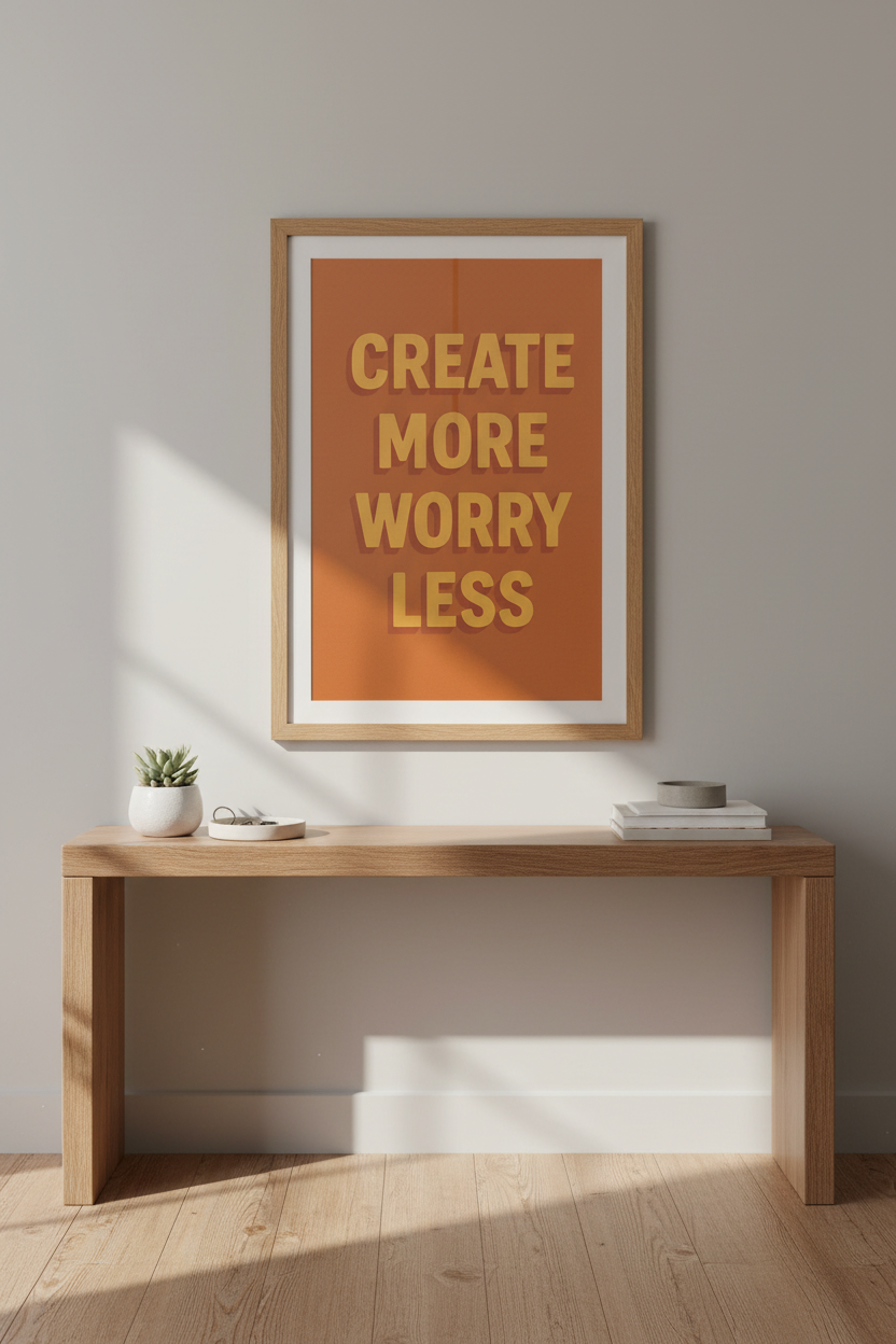 Retro Inspirational Wall Art Print | Motivational Office Decor | "Create More Worry Less" Framed Poster Art