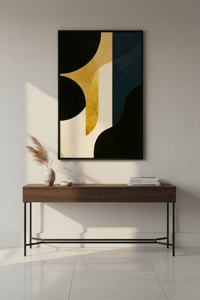 Abstract Art Deco Geometric Wall Art Print | Modern Living Room Decor | Mid-Century Aesthetic Poster | Black Gold Curves