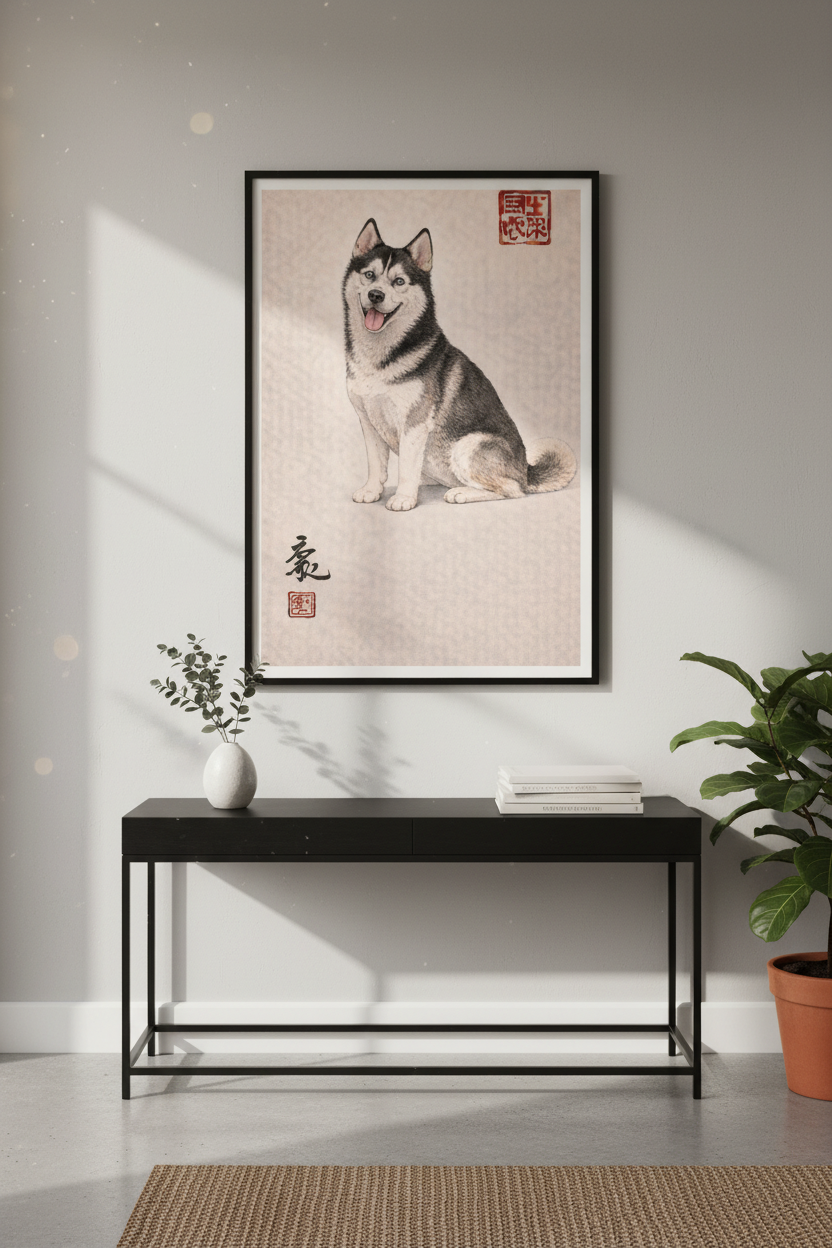 Siberian Husky Wall Art Print, Japanese Ukiyo-e Style Dog Poster, Hand-Drawn Pet Portrait, Dog Lover Home Decor, Animal Art Print