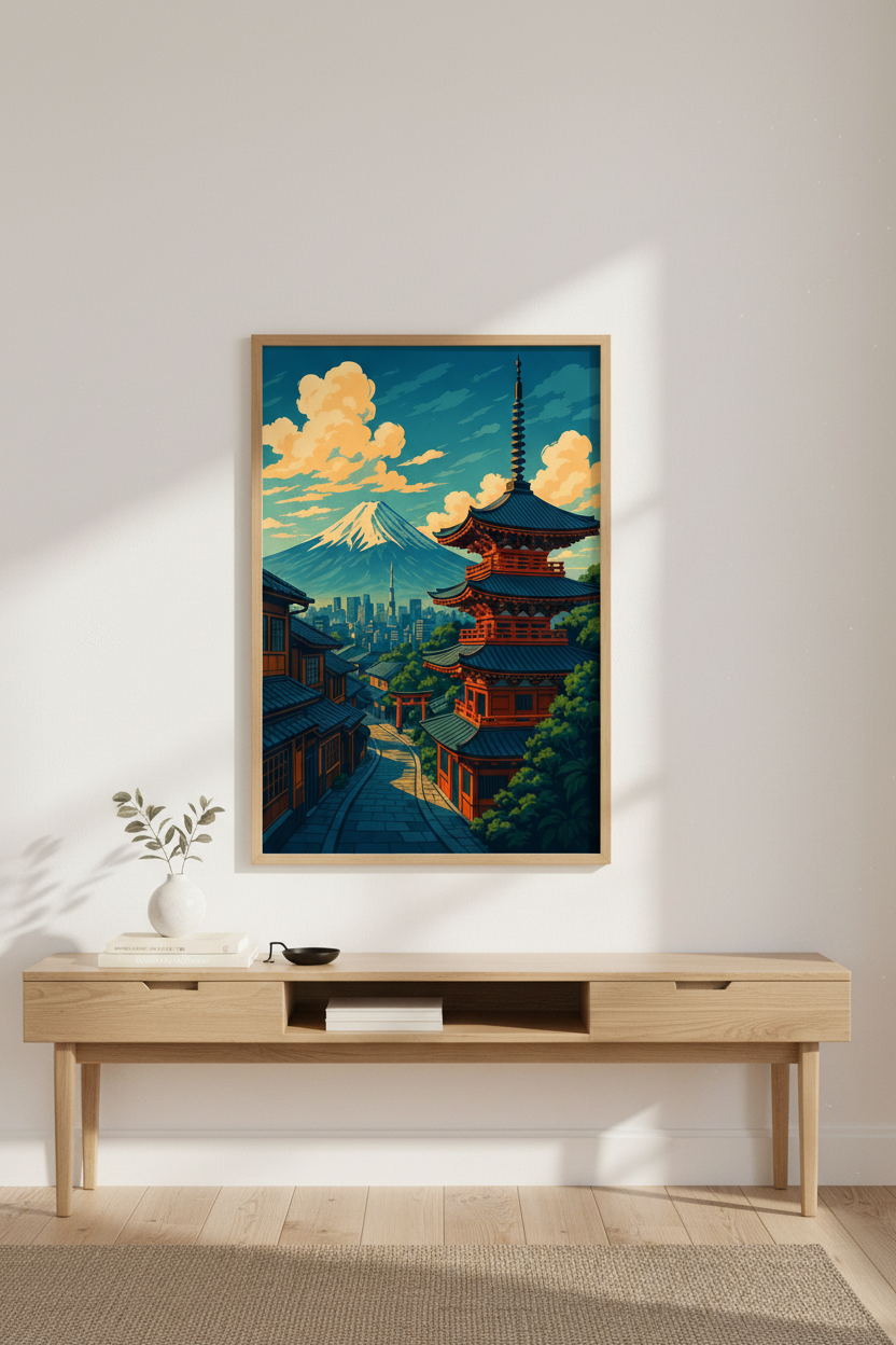 Anime Style Japan Mt Fuji & Pagoda Framed Wall Art | Japanese Cityscape Decor | Vibrant Ukiyo-e Poster Print