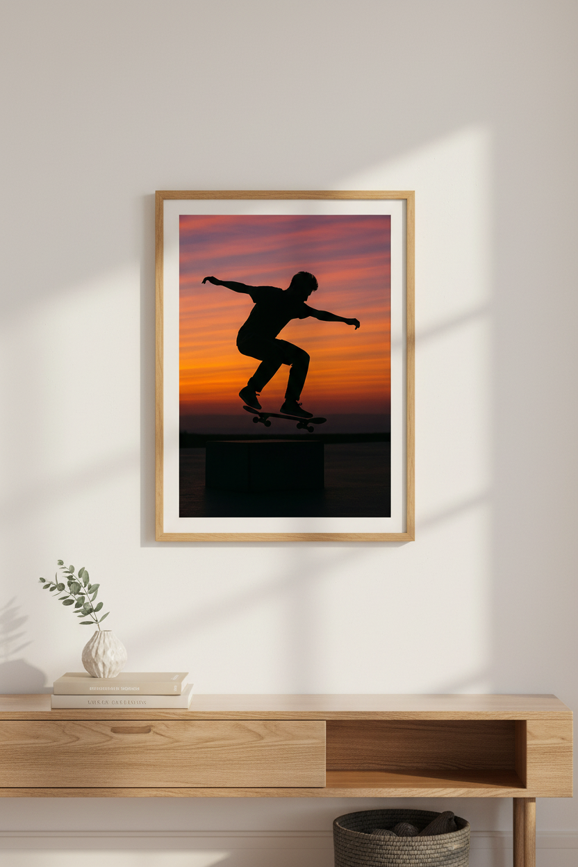 Skateboard Sunset Print | Vibrant Teen Room Decor | Aesthetic Framed Wall Art | Extreme Sports Poster Gift | Ready to Hang