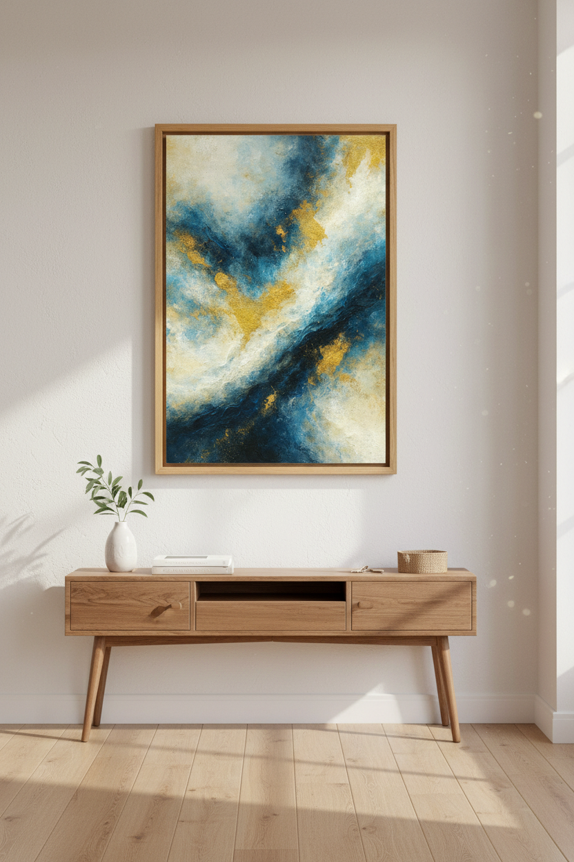 Abstract Gold Blue Wall Art Print | Teal Living Room Decor | Modern Luxe Poster | Fluid Ocean Aesthetic Painting