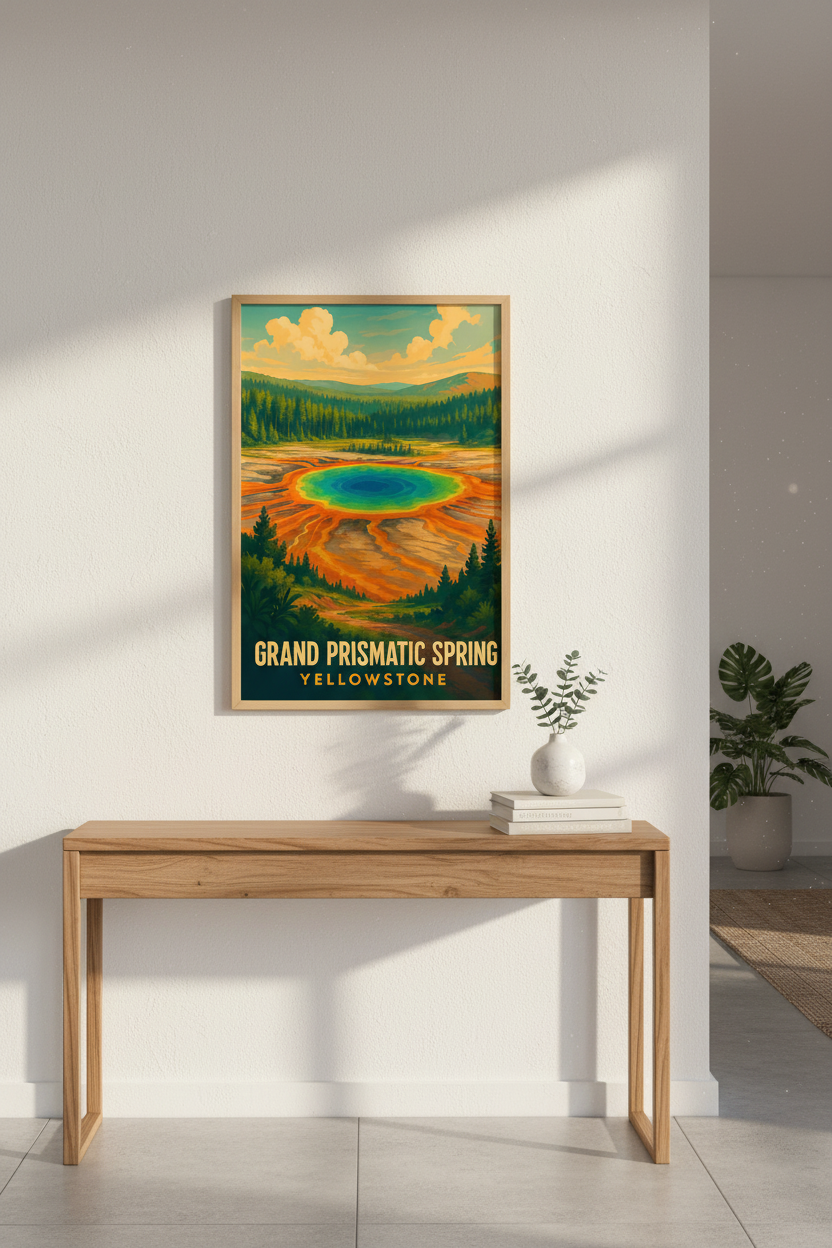 Retro Travel Grand Prismatic Spring Yellowstone Wall Art Print | Living Room Decor | National Park Poster Gift