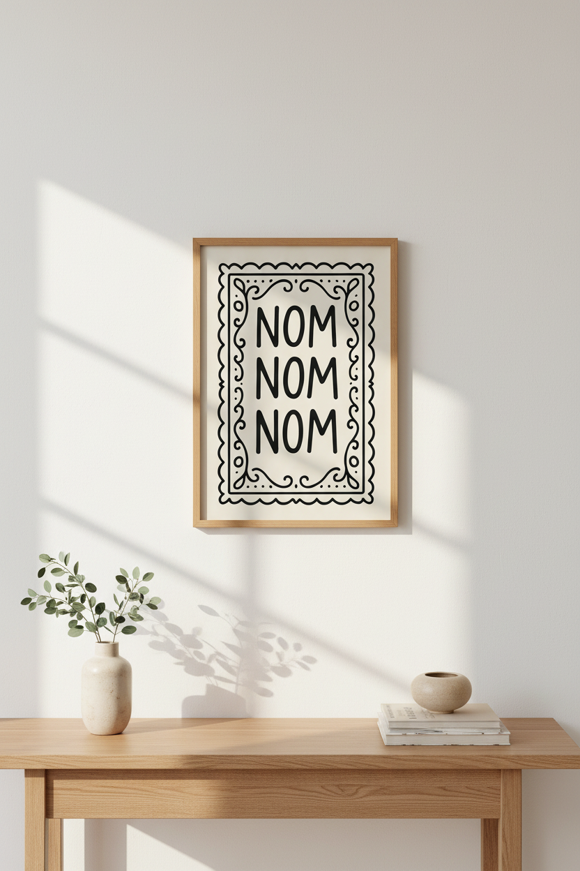 Minimalist Kitchen Quote Wall Art Print | Dining Room Decor | Fun Foodie Poster | "Nom Nom Nom" Farmhouse | Restaurant Art