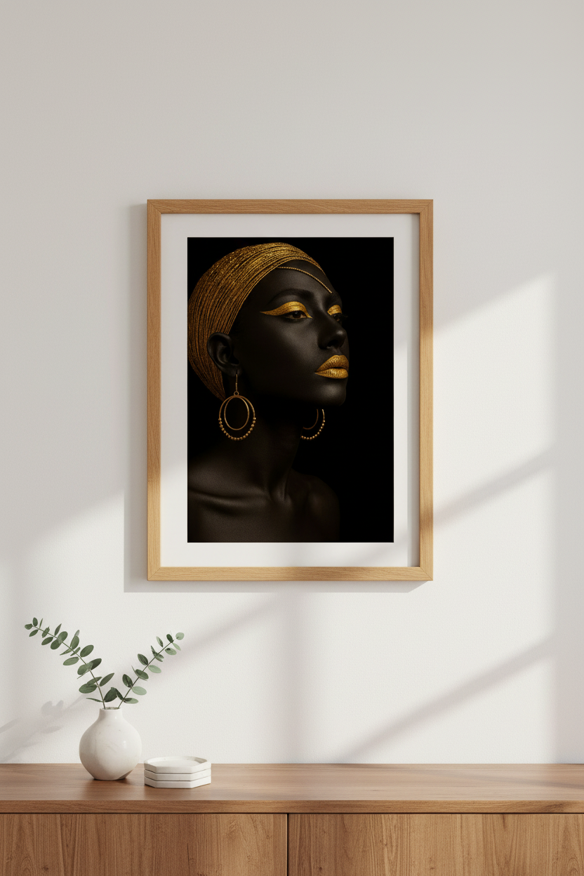 Minimalist Afrocentric Woman Wall Art Print | Glamour Home Decor | Black and Gold Aesthetic Poster | Digital & Physical Options