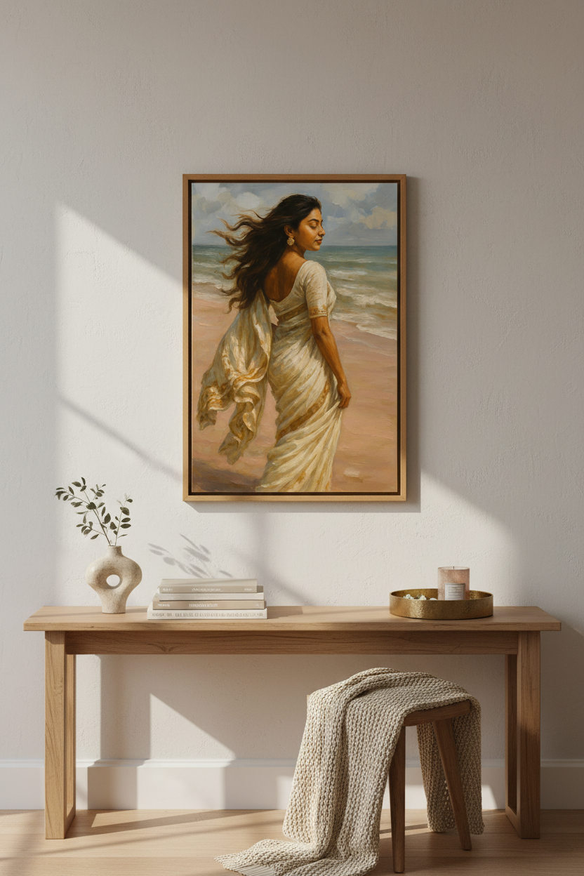 Oil Painting Woman Beach Wall Art | Serene Coastal Decor | South Asian Aesthetic Poster Print | Framed Unframed Digital