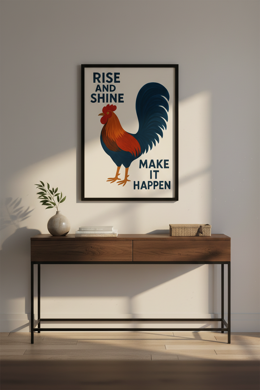 Inspiring Folk Art Rooster Print | Farmhouse Kitchen Wall Decor | Empowering Rise & Shine Poster Art | Digital Download Option