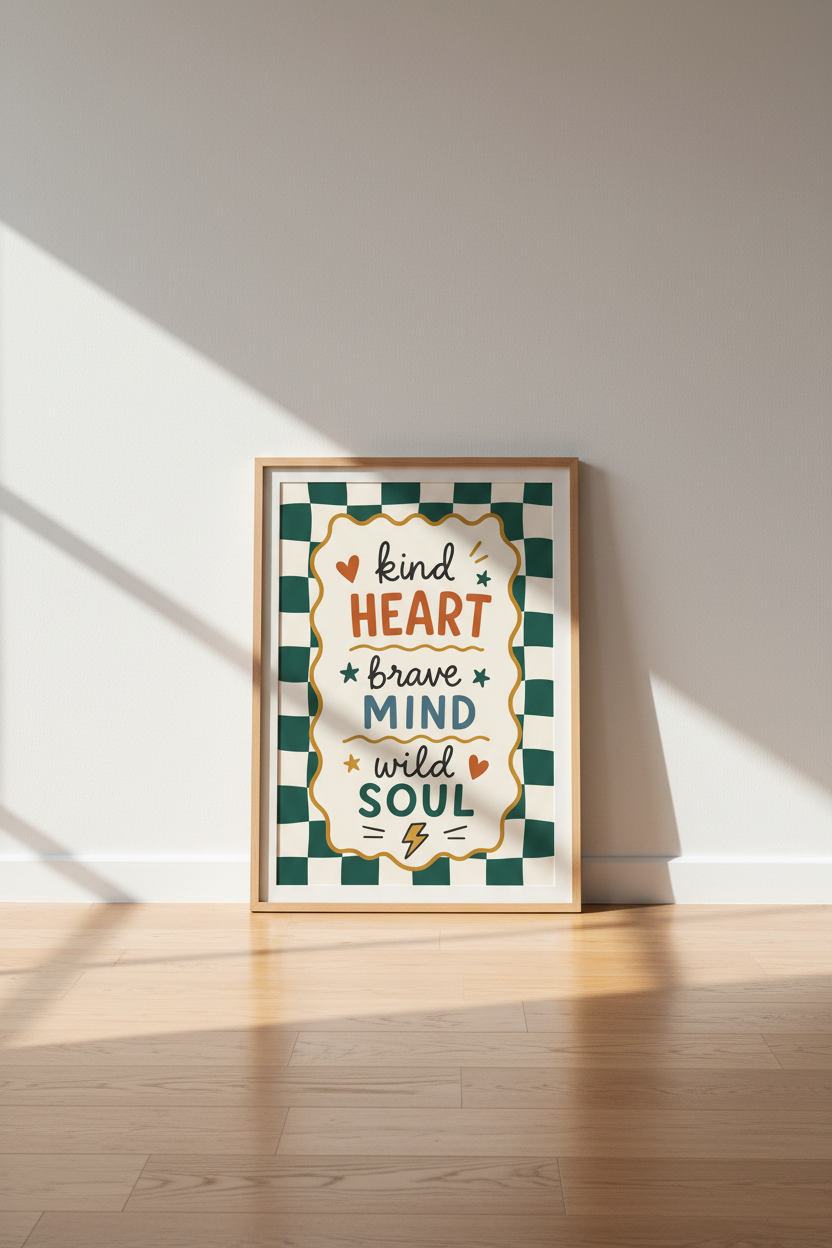 Kind Heart Brave Mind Wild Soul | Retro Checkered Poster, Boho Nursery Decor