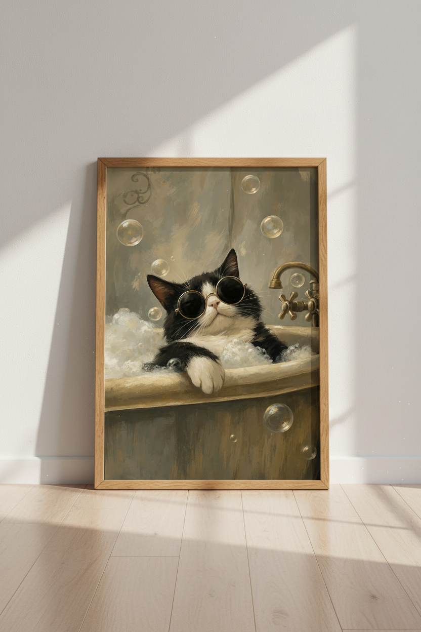 Cool Cat in Bathtub Wall Art | Funny Tuxedo Cat Poster, Bathroom Decor