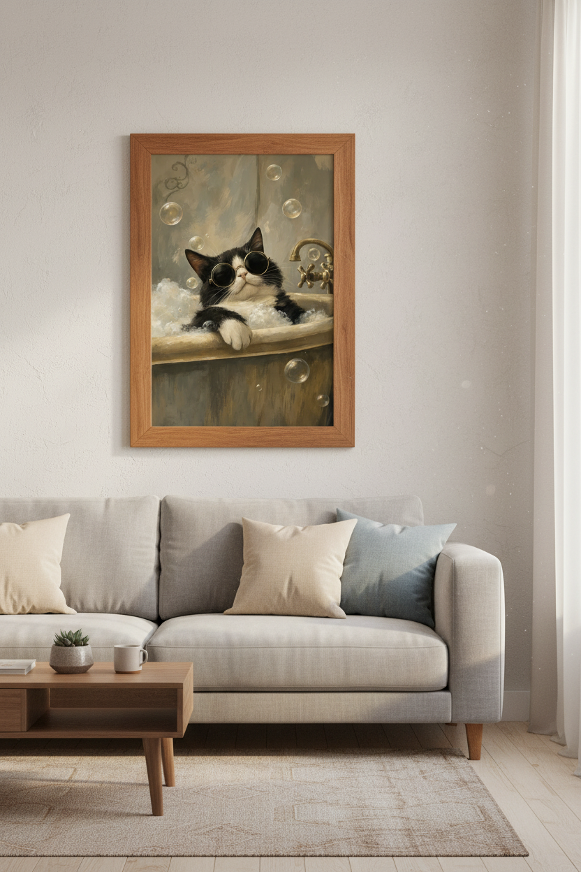 Cool Cat in Bathtub Wall Art | Funny Tuxedo Cat Poster, Bathroom Decor