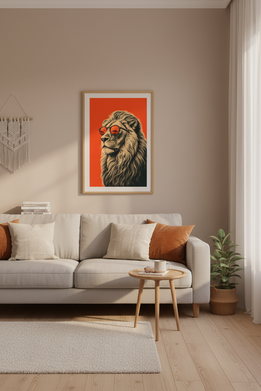 Cool Lion with Sunglasses Wall Art | Orange Safari Poster | Modern Home Decor