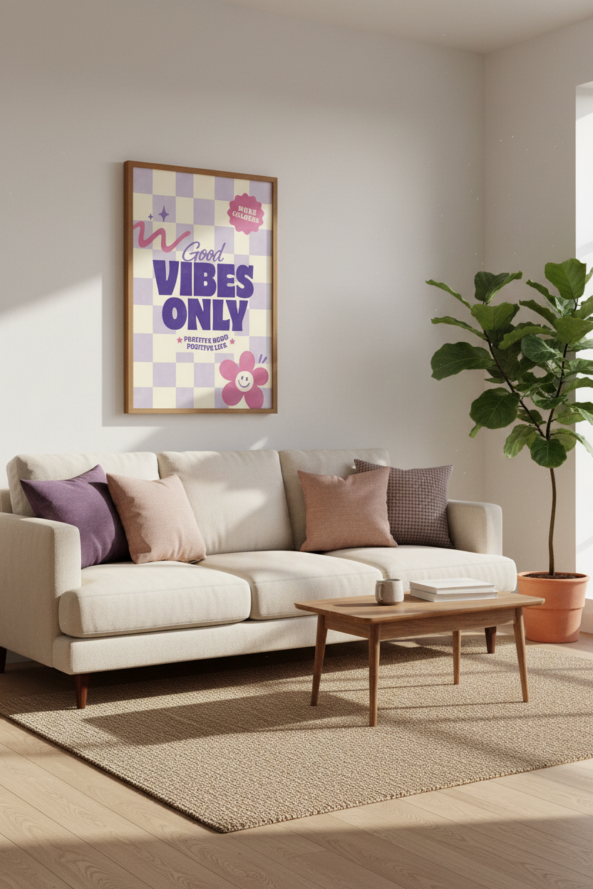 Good Vibes Only Retro Wall Art | Lavender Checkered Poster | Positive Quote Print