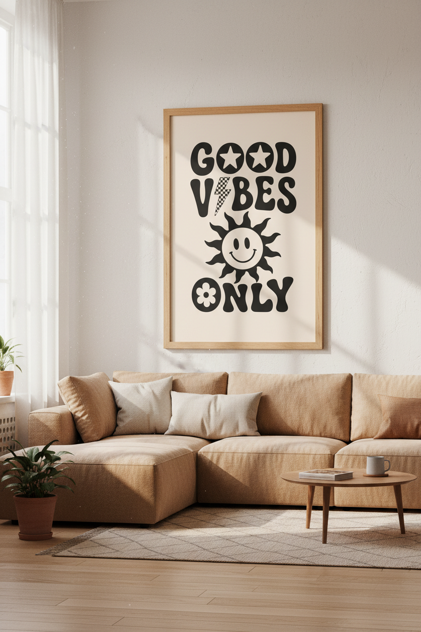 Good Vibes Only Retro Wall Art | 70s Aesthetic Sun Poster | Groovy Dorm Decor