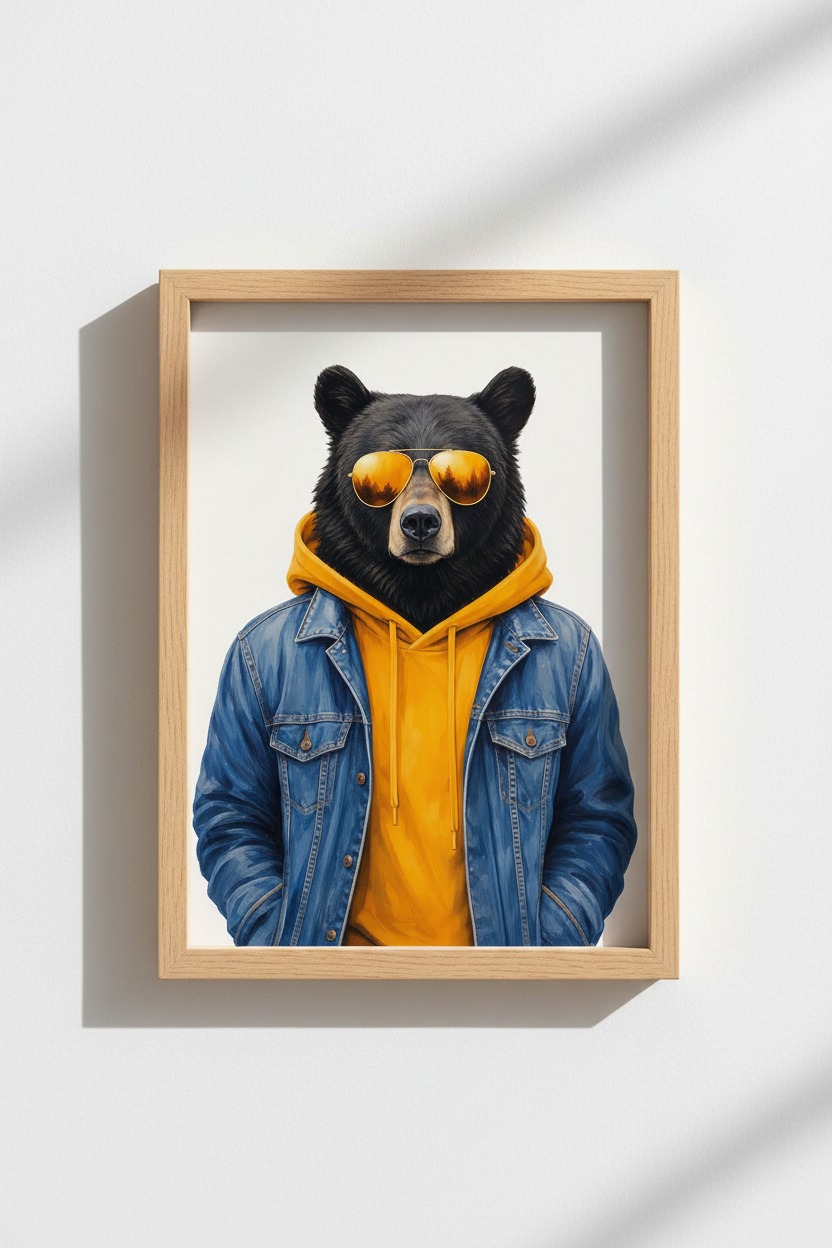 Bear Denim Wall Art | Cool Animal Poster, Streetwear Black Bear for Office Decor