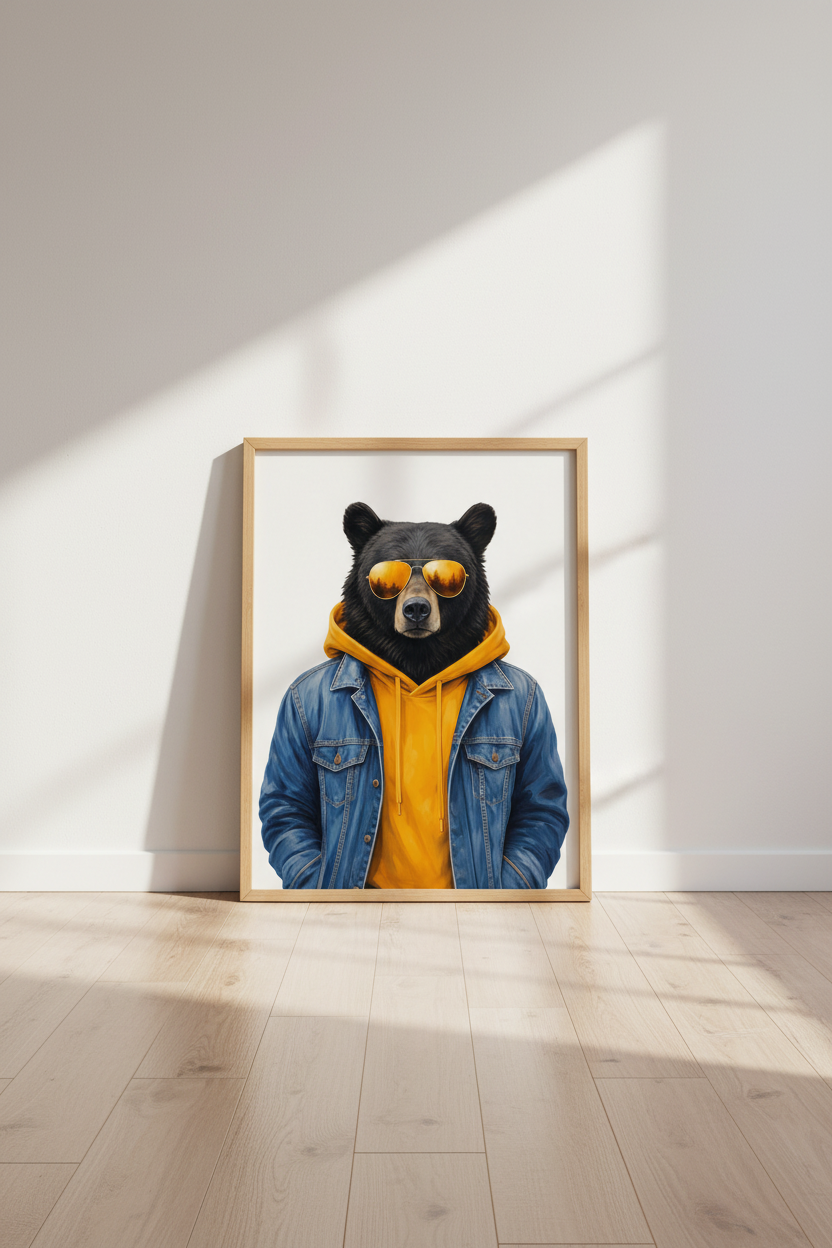 Bear Denim Wall Art | Cool Animal Poster, Streetwear Black Bear for Office Decor