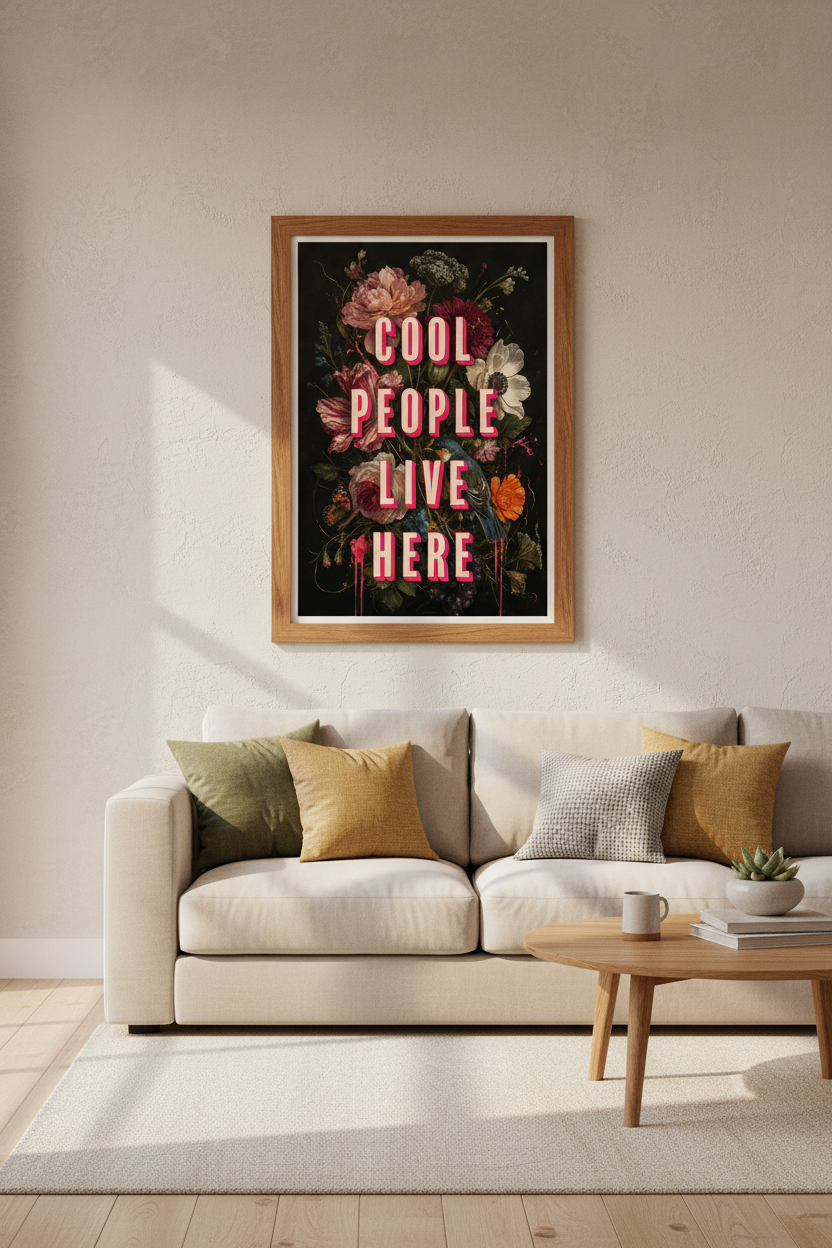 Cool People Live Here Art | Dark Floral Maximalist Print, Moody Living Room Decor
