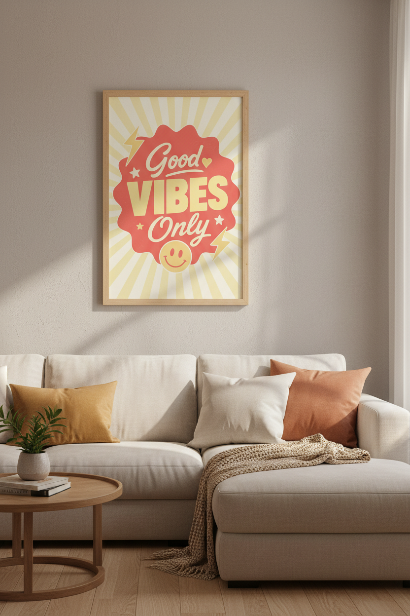 Good Vibes Only Print | Retro Yellow & Red Smiley Wall Art, Dopamine Decor Poster