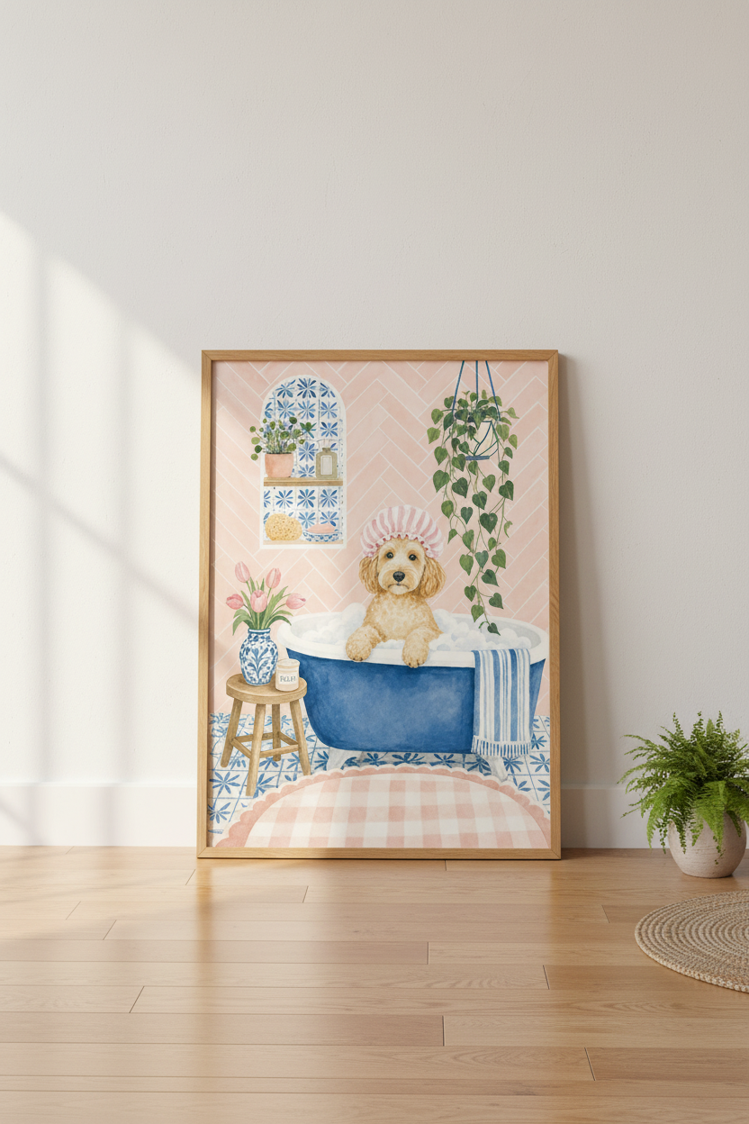 Cockapoo in Bathtub Wall Art | Pink & Blue Bathroom Decor | Funny Dog Poster