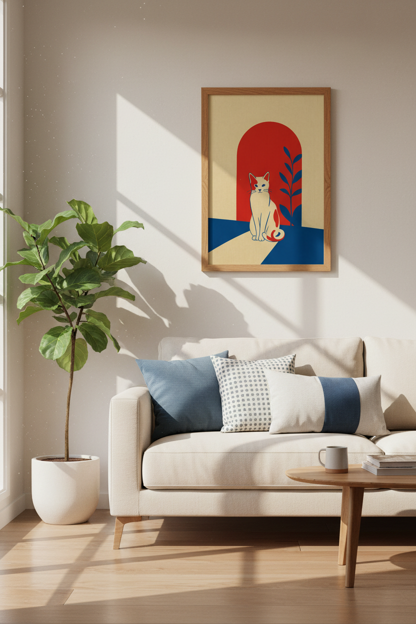 Minimalist Cat Wall Art | Mid-Century Red & Blue Illustration, Modern Home Decor