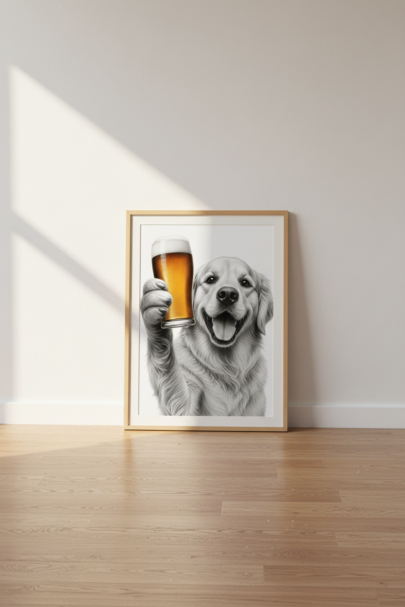 Golden Retriever Drinking Beer Wall Art | Man Cave Decor | Funny Dog Poster
