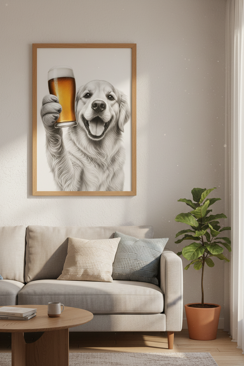 Golden Retriever Drinking Beer Wall Art | Man Cave Decor | Funny Dog Poster