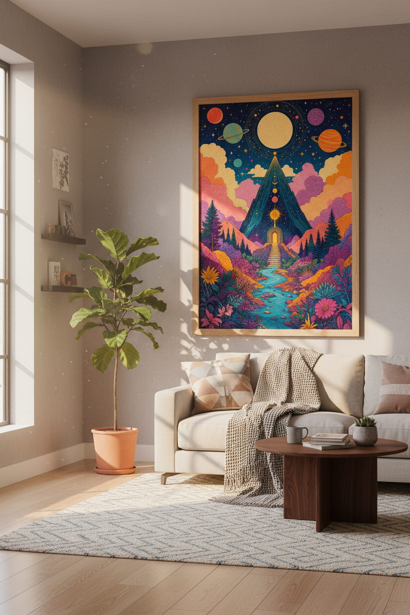 Celestial Mountain Portal Wall Art | Psychedelic Galaxy Print | Colorful Boho Poster