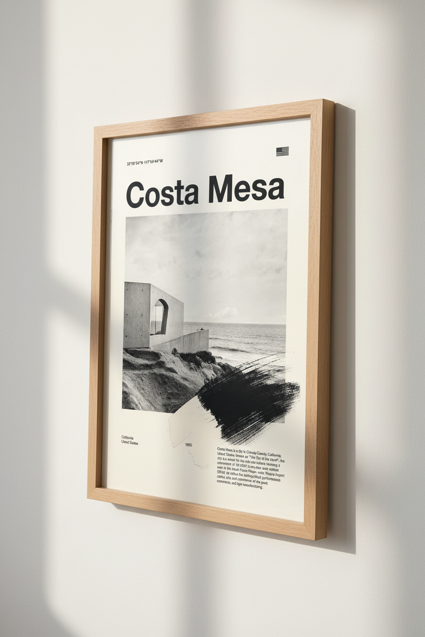 Costa Mesa California Poster | Minimalist Black and White Wall Art, Modern Home Decor