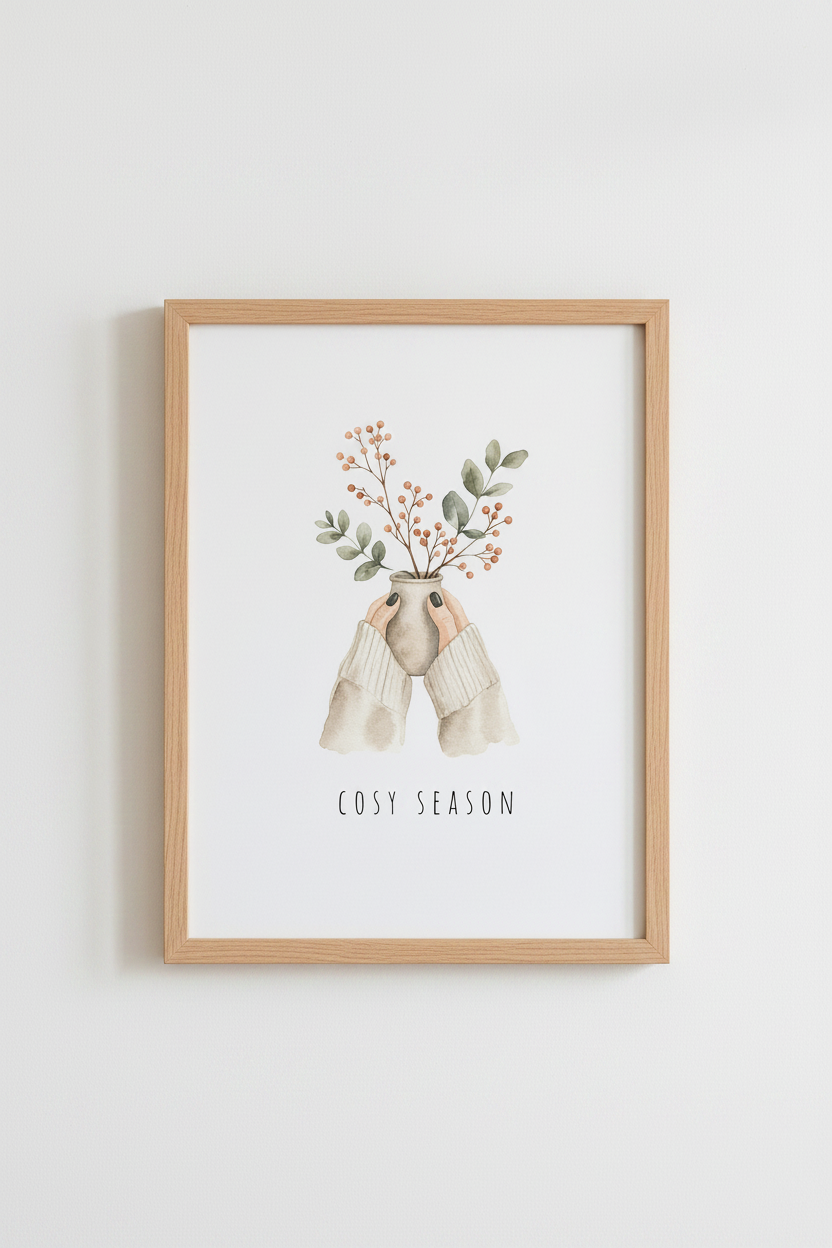 Cosy Season Watercolor Wall Art | Autumn Botanical Print, Neutral Hygge Decor
