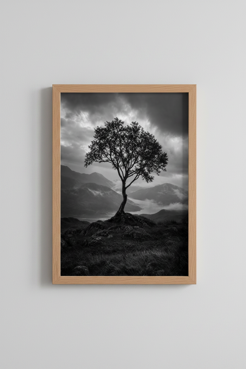 Nature Landscape Poster | Moody Black and White Tree, Mountain Valley Wall Decor