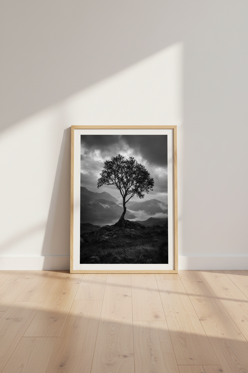 Nature Landscape Poster | Moody Black and White Tree, Mountain Valley Wall Decor