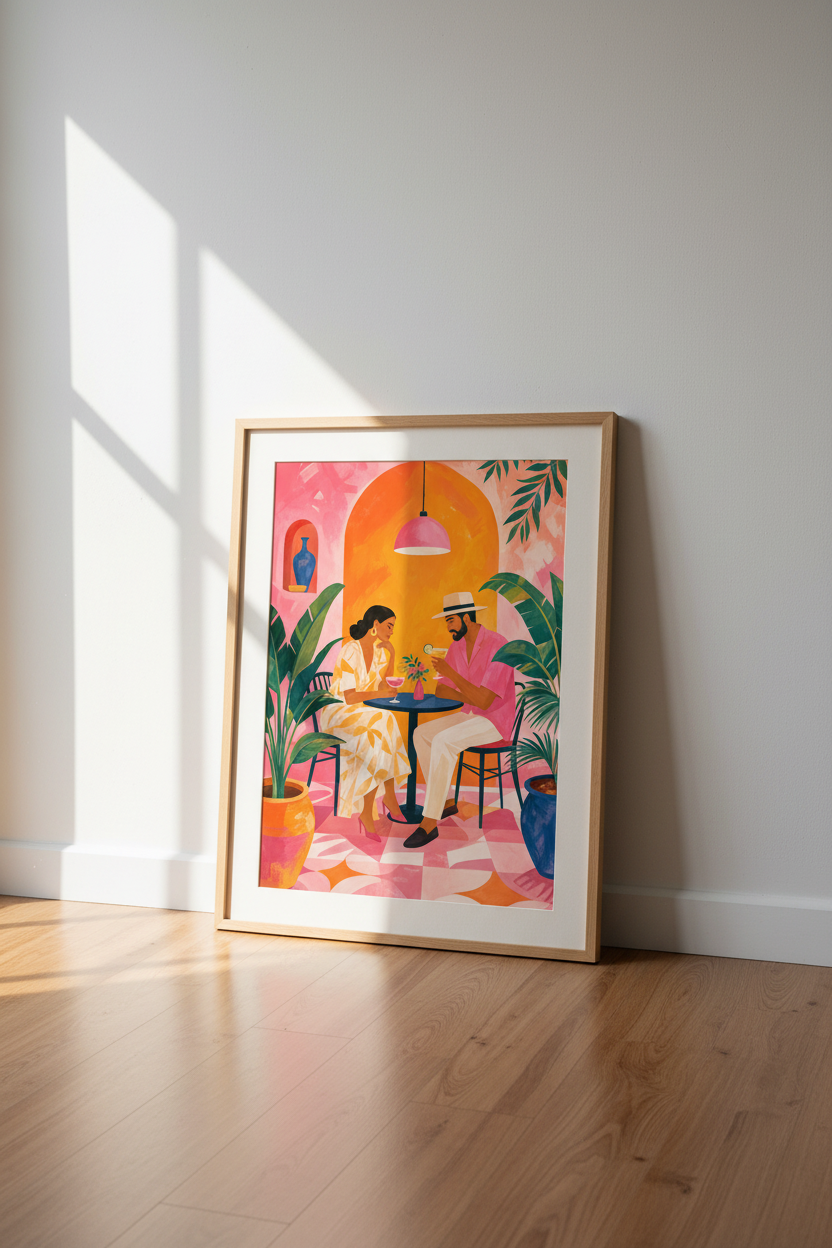 Romantic Couple Cocktail Wall Art | Tropical Boho Decor | Pink and Orange Vibrant Poster